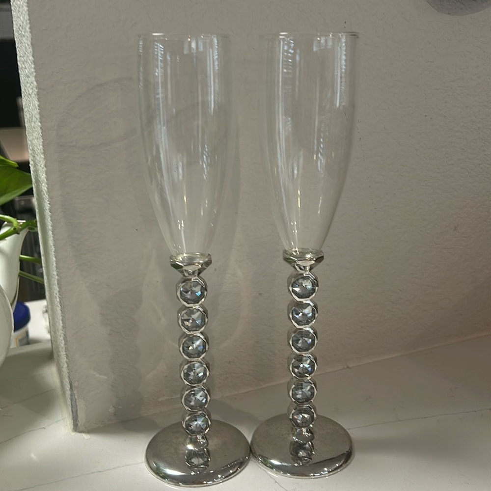 Champagne Toasting Flutes with Rhinestone Stems Set of 2 Glasses